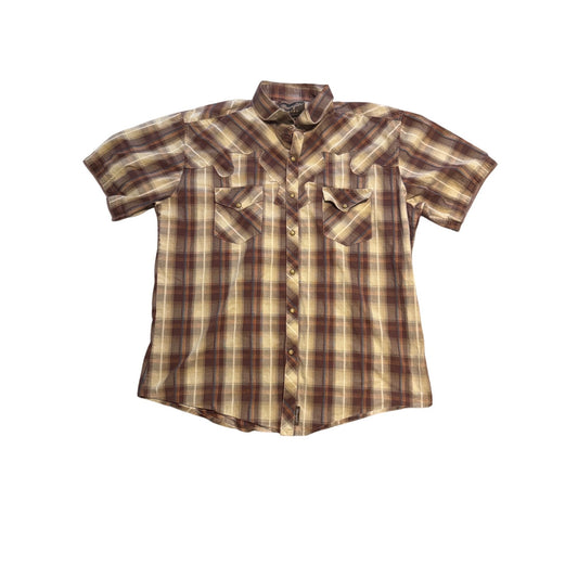 Wrangler Retro Brown Blue Plaid Print Pearl Snap Short Sleeve Shirt Size XL