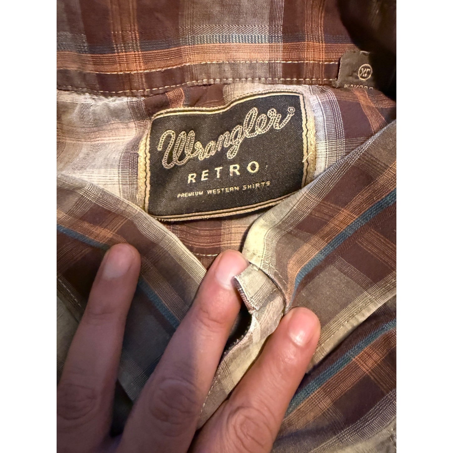 Wrangler Retro Brown Blue Plaid Print Pearl Snap Short Sleeve Shirt Size XL