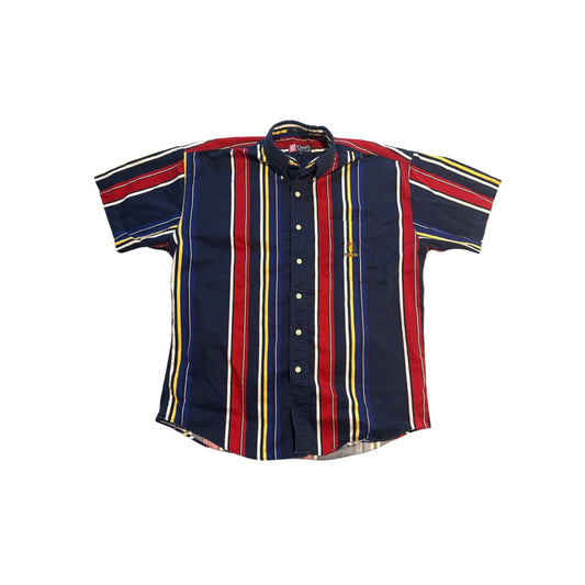 Vintage 90s Chaps Ralph Lauren Button Down Striped Red Blue Short Sleeve Size M