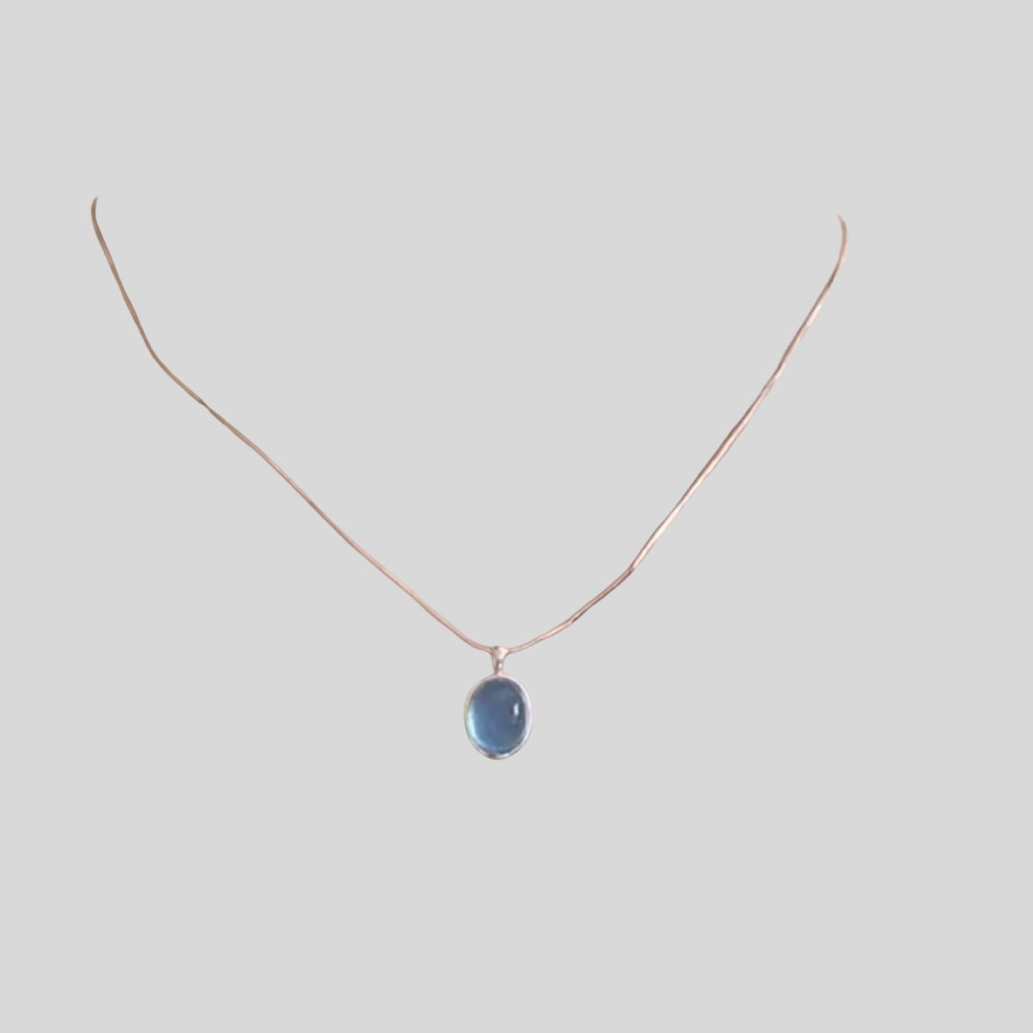 Women's Blue Oval Stone Pendant Necklace Silver Tone Chain Minimalist Jewelry