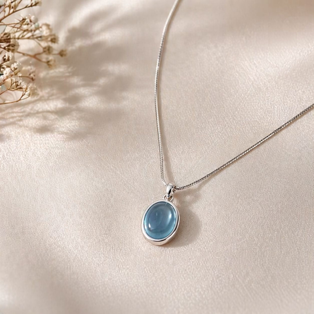 Women's Blue Oval Stone Pendant Necklace Silver Tone Chain Minimalist Jewelry