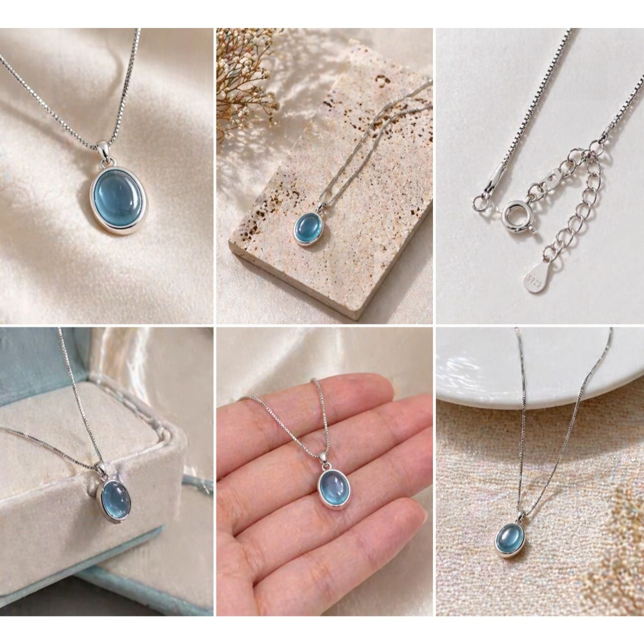 Women's Blue Oval Stone Pendant Necklace Silver Tone Chain Minimalist Jewelry