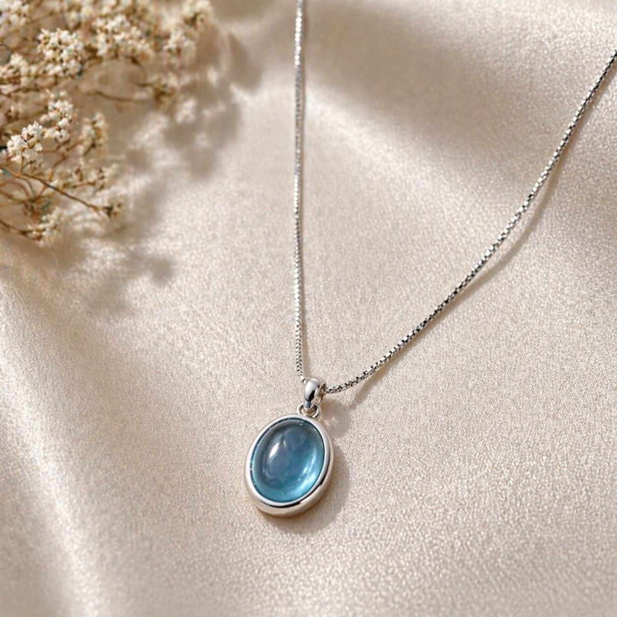 Women's Blue Oval Stone Pendant Necklace Silver Tone Chain Minimalist Jewelry