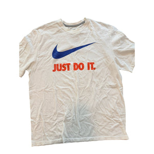 Nike Just Do It T-Shirt Mens XL White Blue Swoosh Red Logo Regular Fit