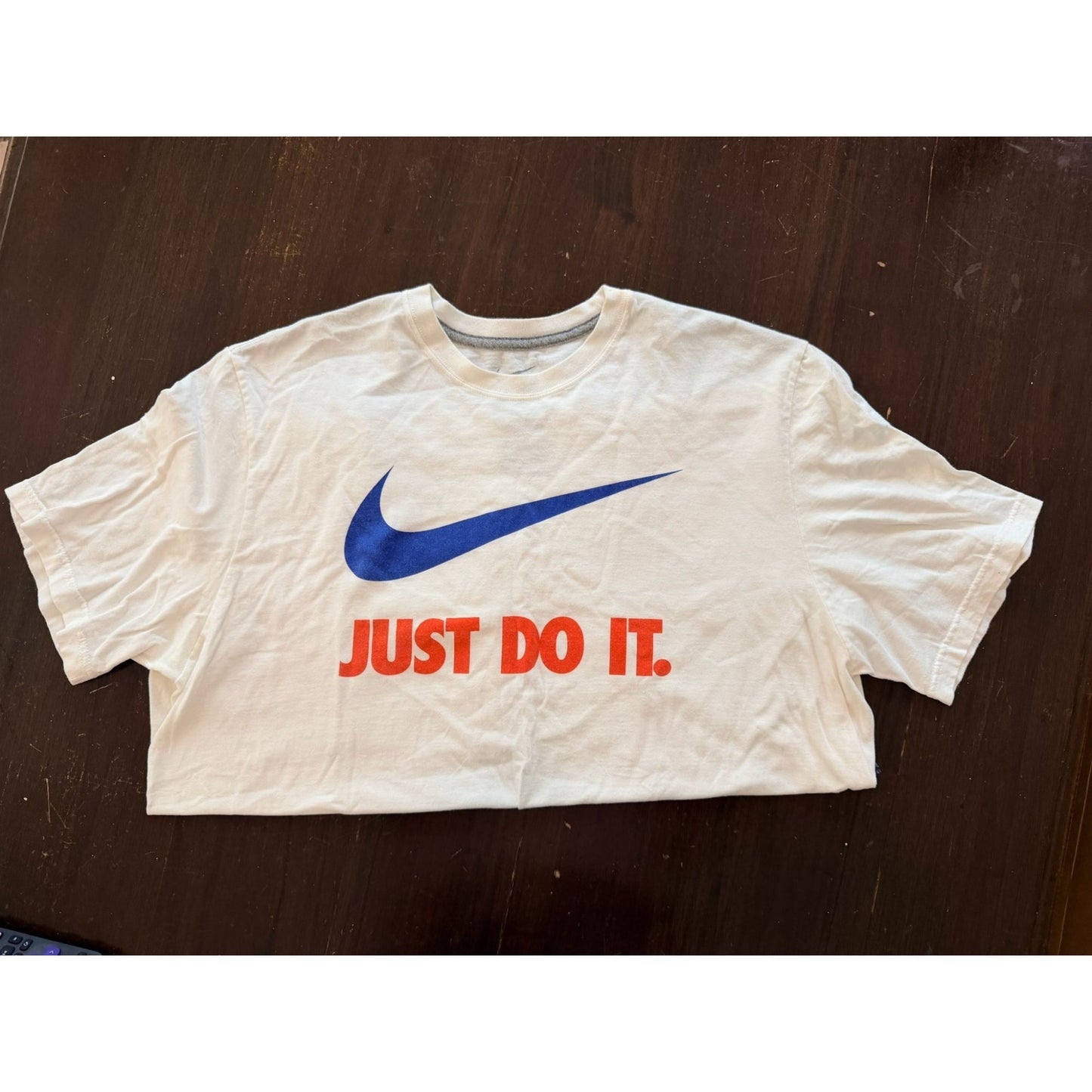 Nike Just Do It T-Shirt Mens XL White Blue Swoosh Red Logo Regular Fit