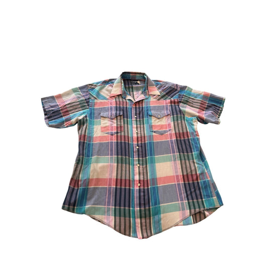 Vintage 1980s Wrangler Pearl Snap Plaid Cotton Poly X-Long Tails Shirt – Size L