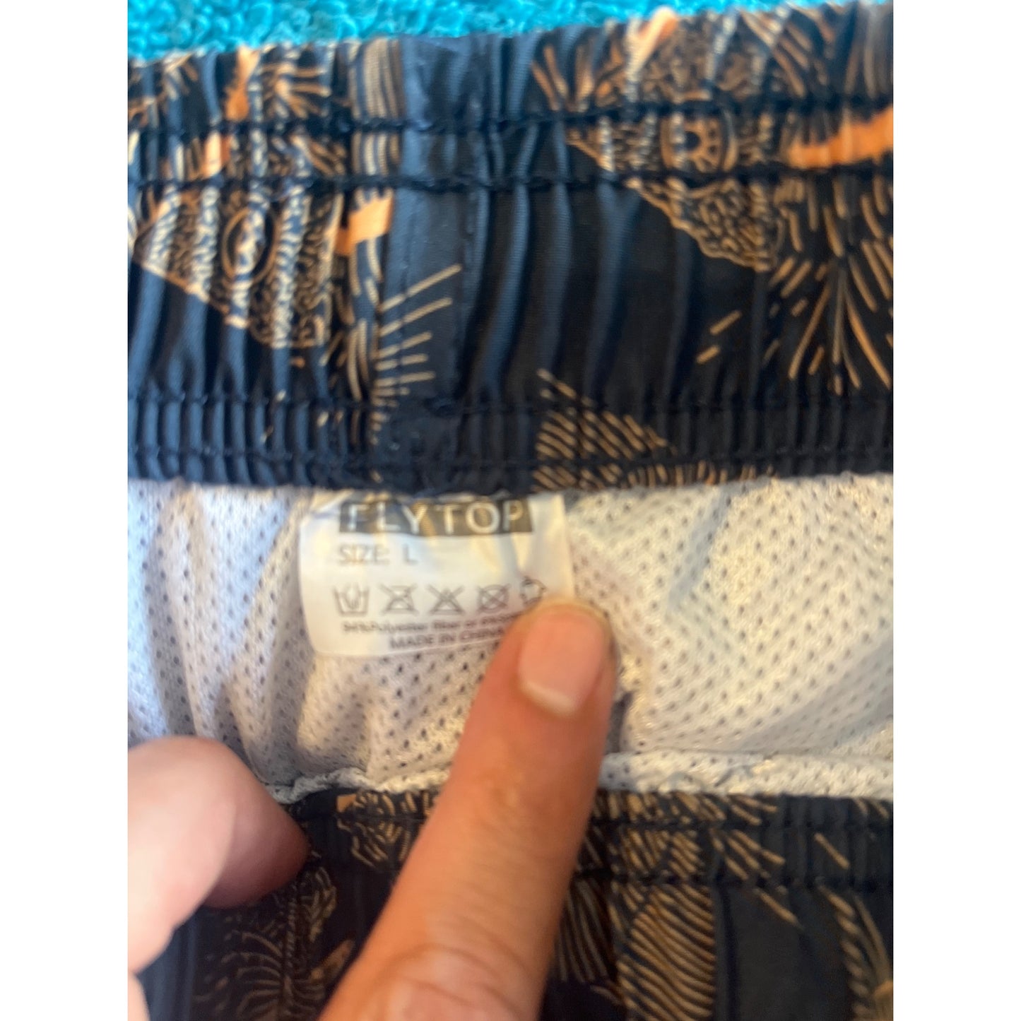 Fly Top Mens Navy Orange Fish Design Swim Trunks Size L