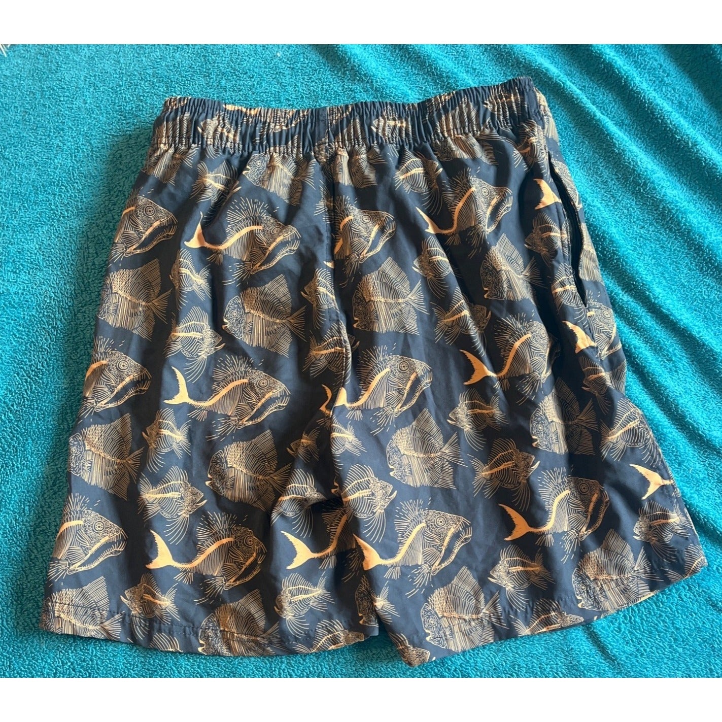 Fly Top Mens Navy Orange Fish Design Swim Trunks Size L