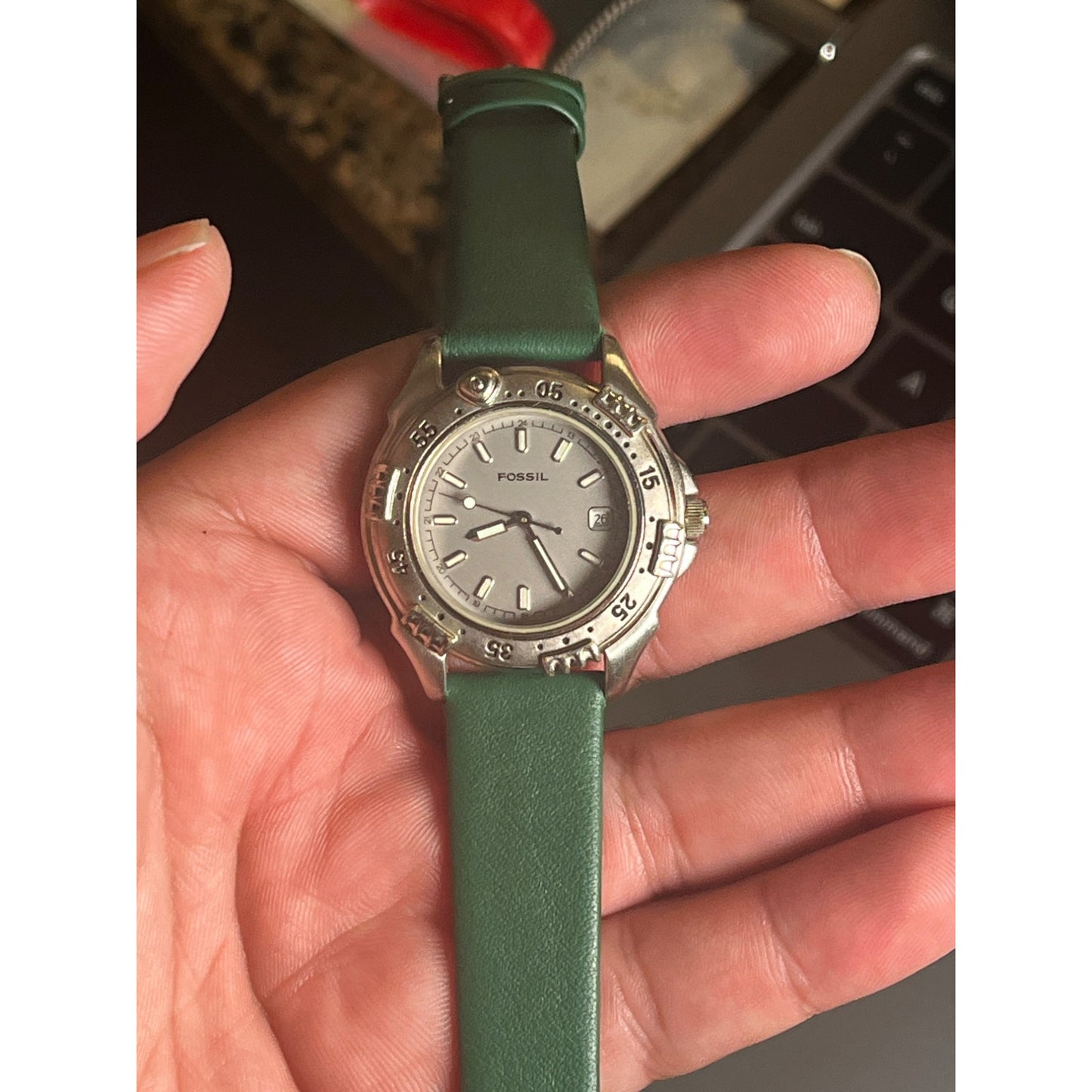 Fossil Watch Womens Green Leather Silver Stainless Steel Date 24hr Gray Quartz
