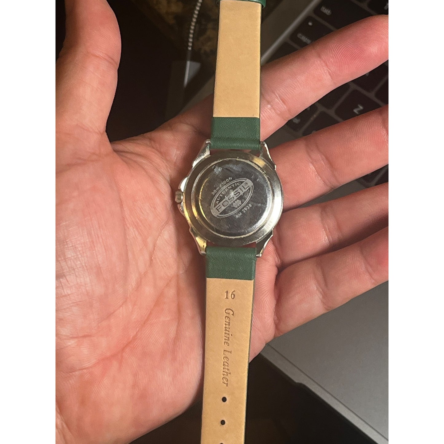 Fossil Watch Womens Green Leather Silver Stainless Steel Date 24hr Gray Quartz