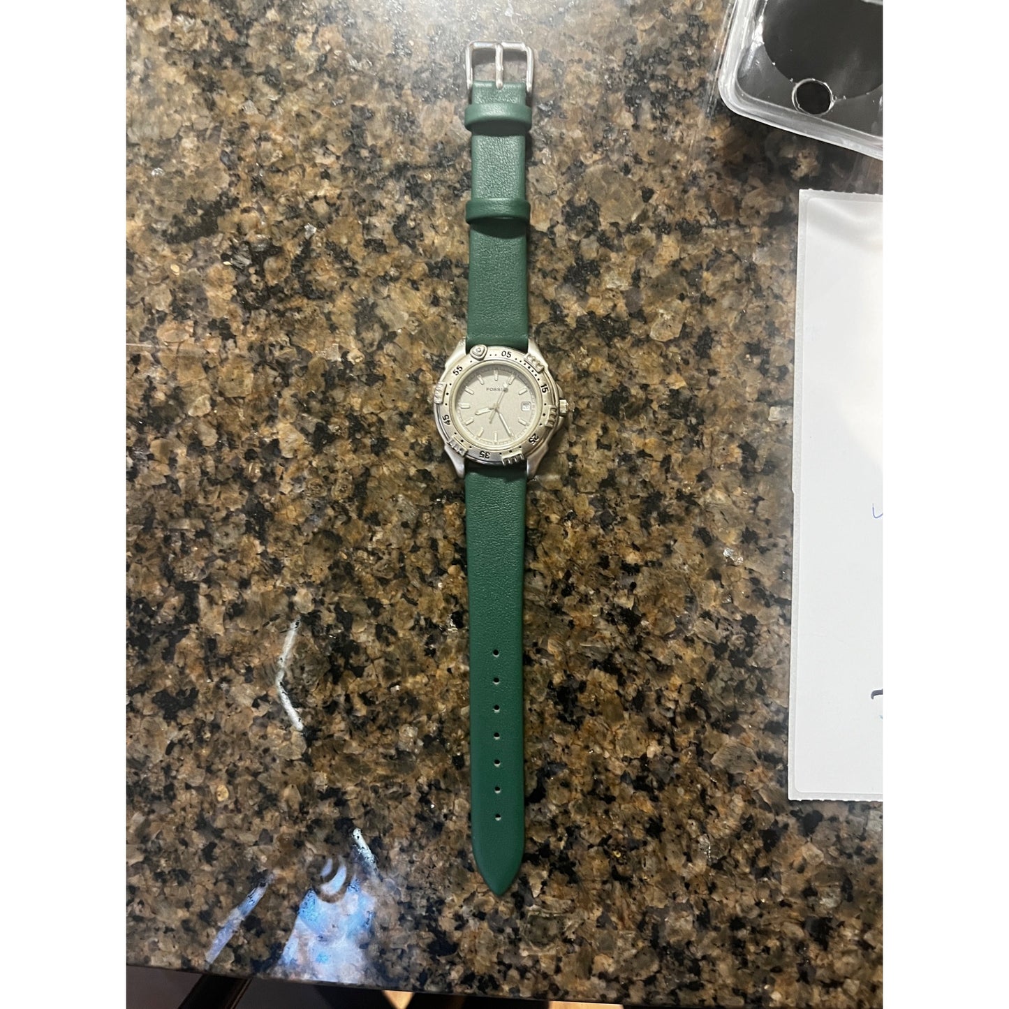 Fossil Watch Womens Green Leather Silver Stainless Steel Date 24hr Gray Quartz