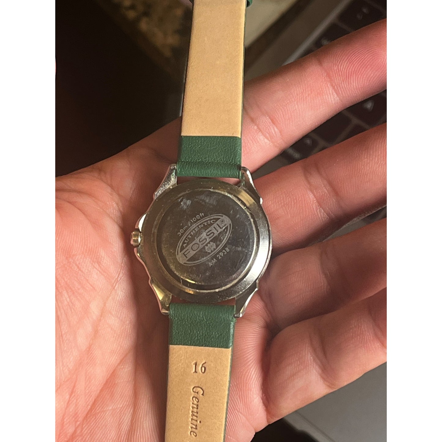 Fossil Watch Womens Green Leather Silver Stainless Steel Date 24hr Gray Quartz