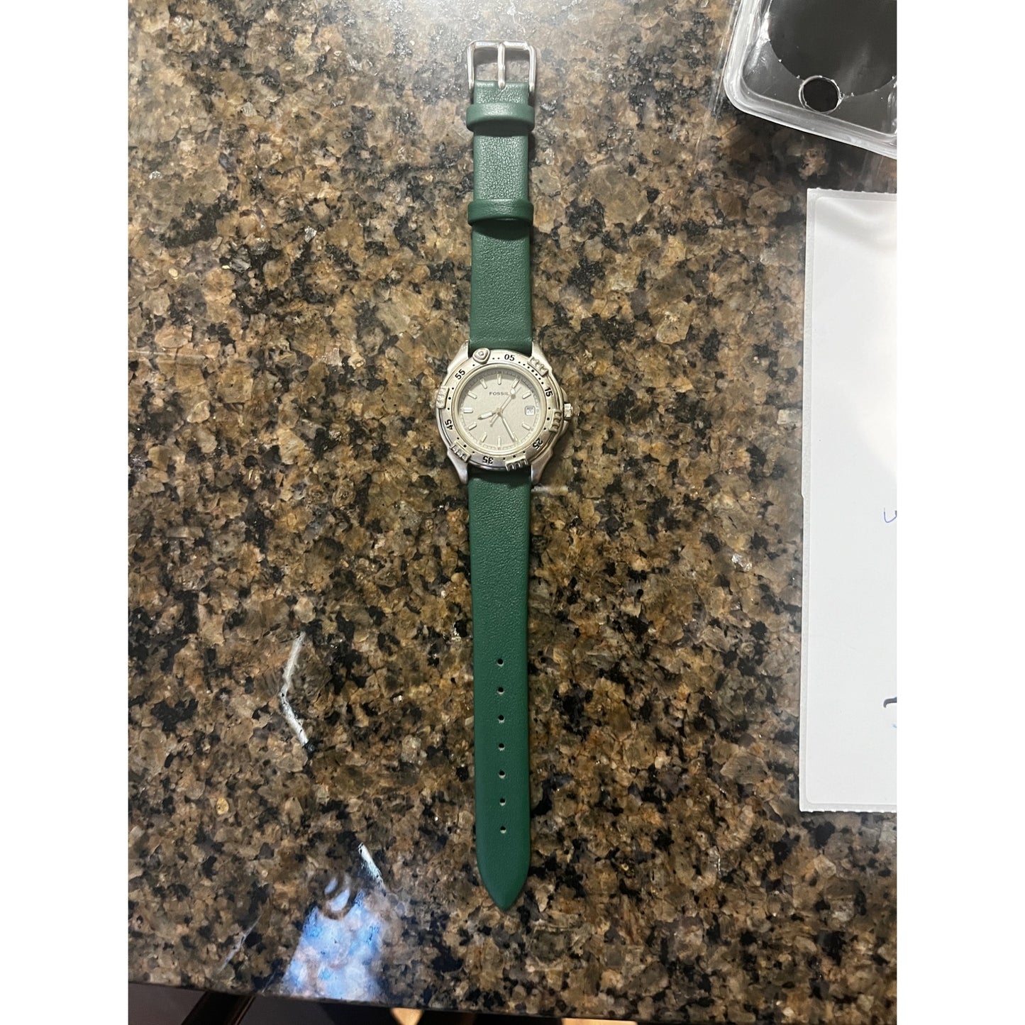 Fossil Watch Womens Green Leather Silver Stainless Steel Date 24hr Gray Quartz