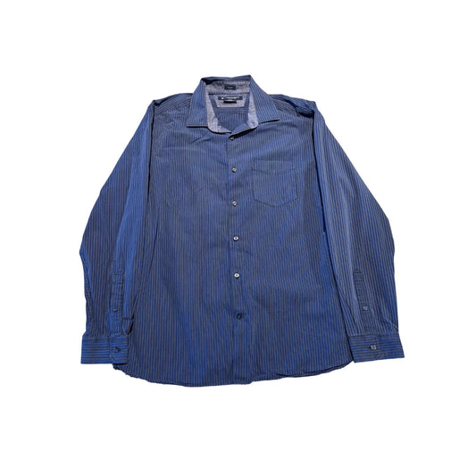A blue and white vertically striped long-sleeve button-down shirt with a chest pocket, laid flat against a white background.