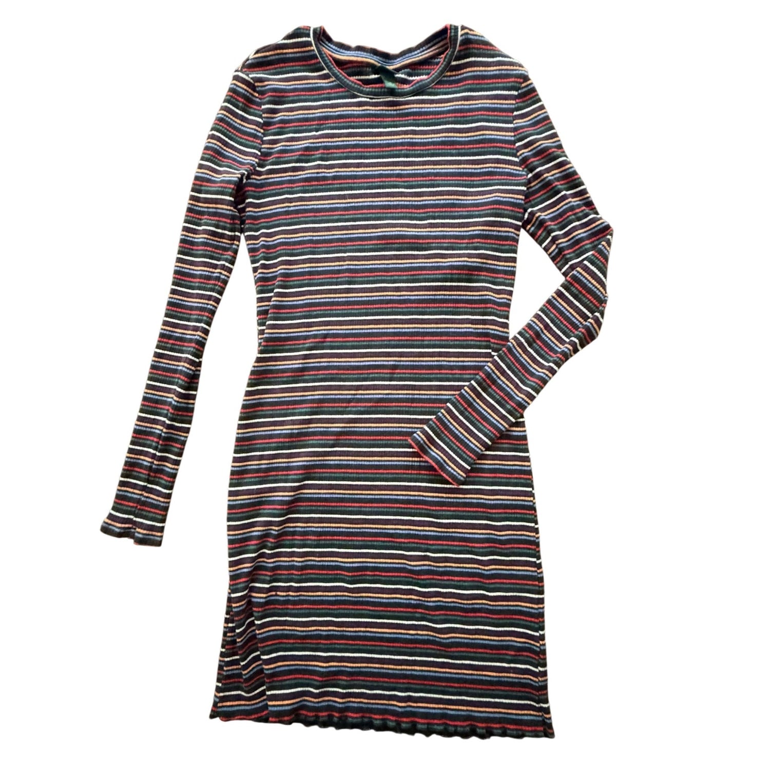 A long-sleeve crewneck dress with horizontal multicolor stripes in red, blue, green, and white over a dark base, shown flat against a white background.