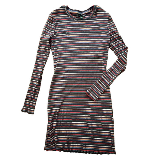 A long-sleeve crewneck dress with horizontal multicolor stripes in red, blue, green, and white over a dark base, shown flat against a white background.