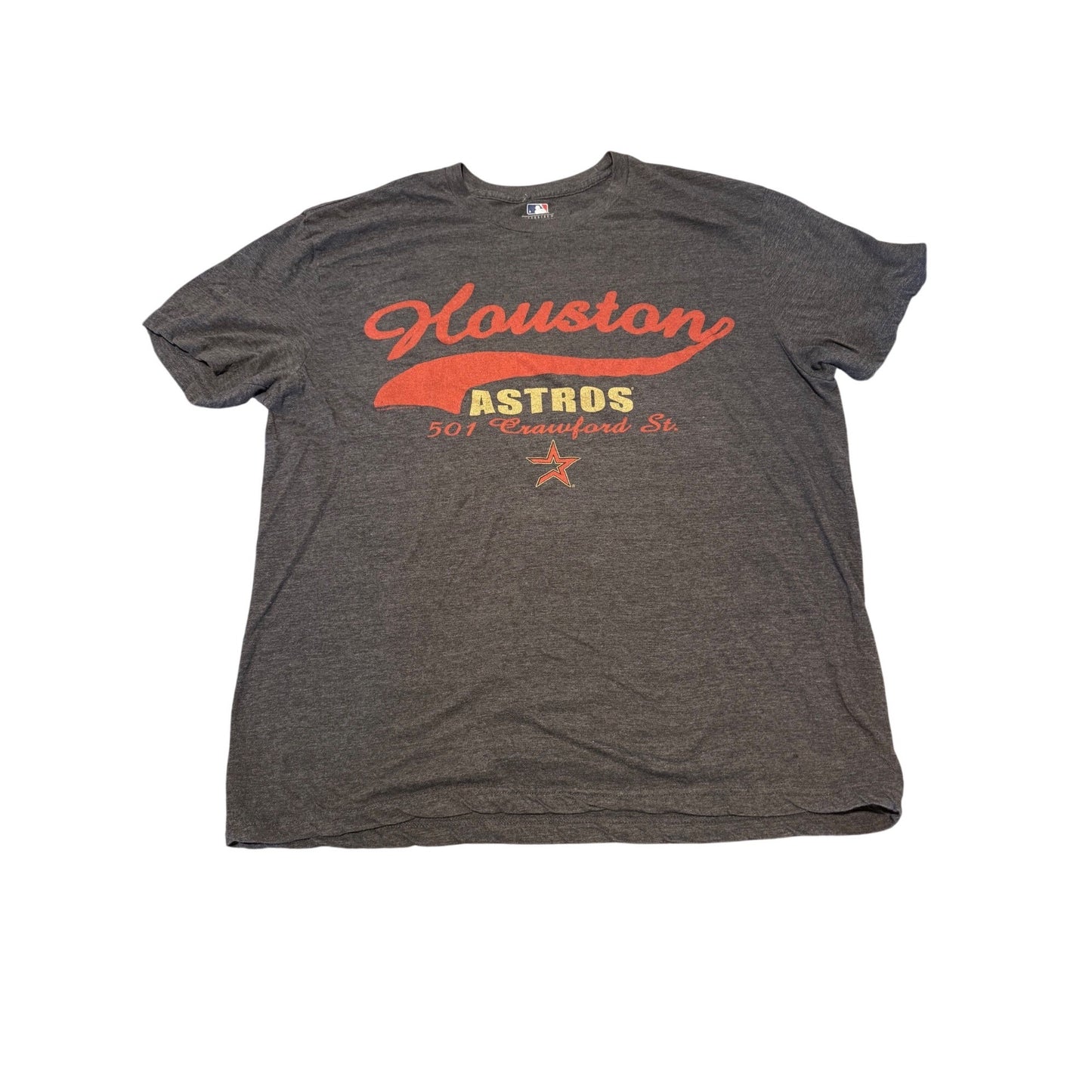 A dark heather gray short-sleeve t-shirt featuring a distressed orange and yellow graphic print of the Houston Astros logo on the front, laid flat against a white background.