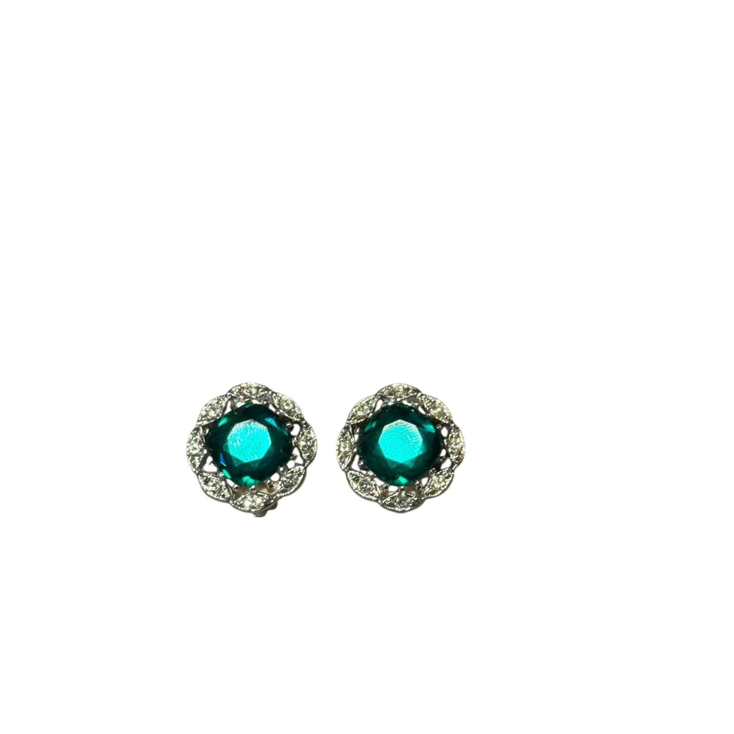 Vintage Clip On Earrings Silver Tone Green Glass Stone Rhinestone Halo