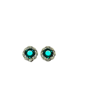 Vintage Clip On Earrings Silver Tone Green Glass Stone Rhinestone Halo