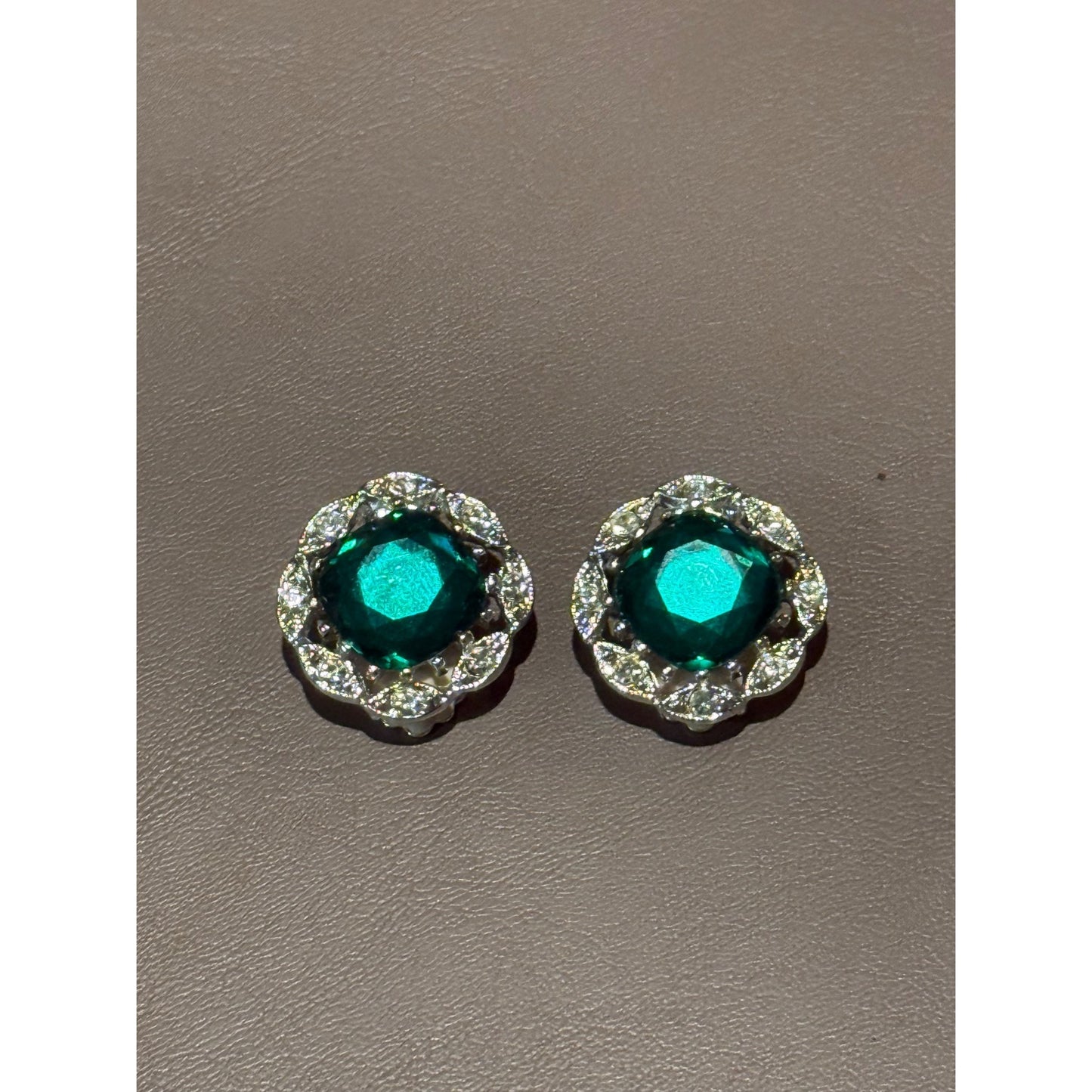 Vintage Clip On Earrings Silver Tone Green Glass Stone Rhinestone Halo