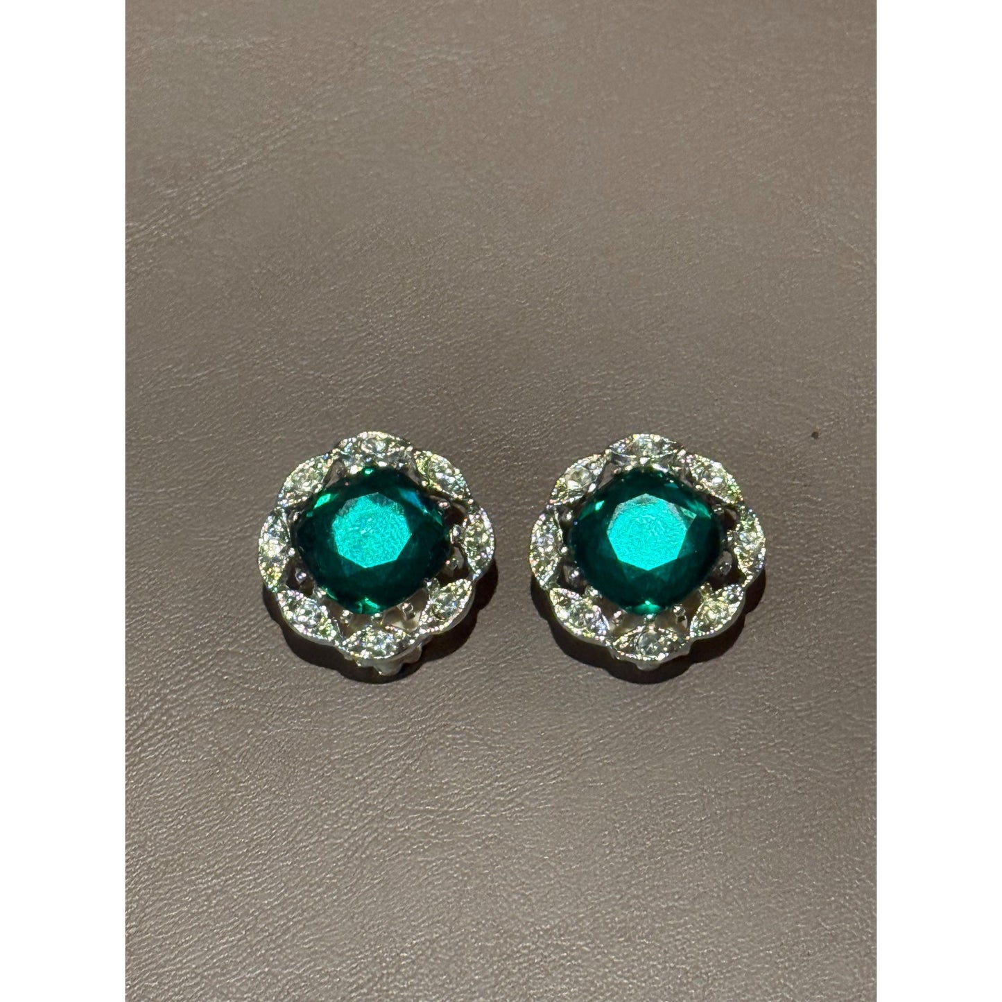 Vintage Clip On Earrings Silver Tone Green Glass Stone Rhinestone Halo