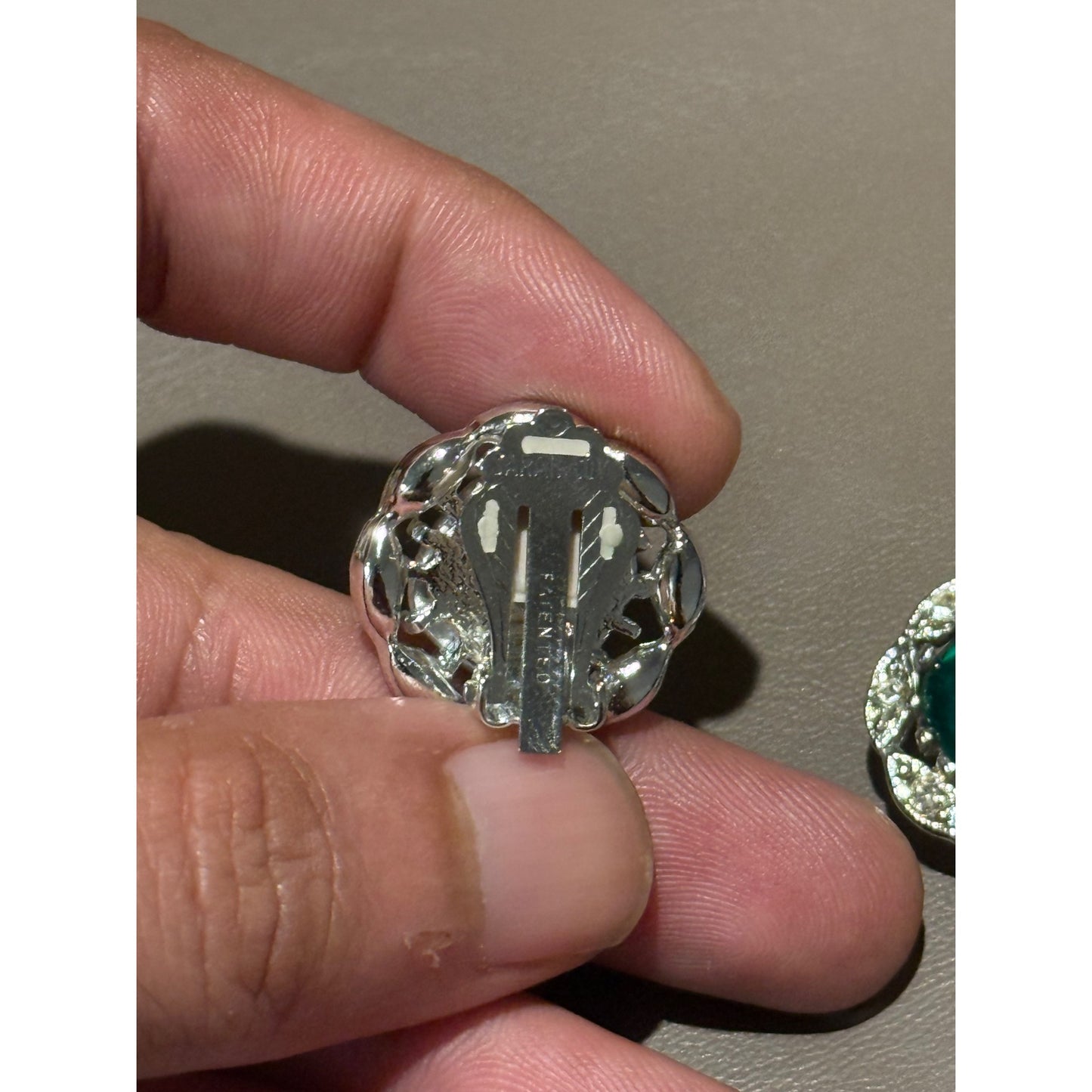 Vintage Clip On Earrings Silver Tone Green Glass Stone Rhinestone Halo
