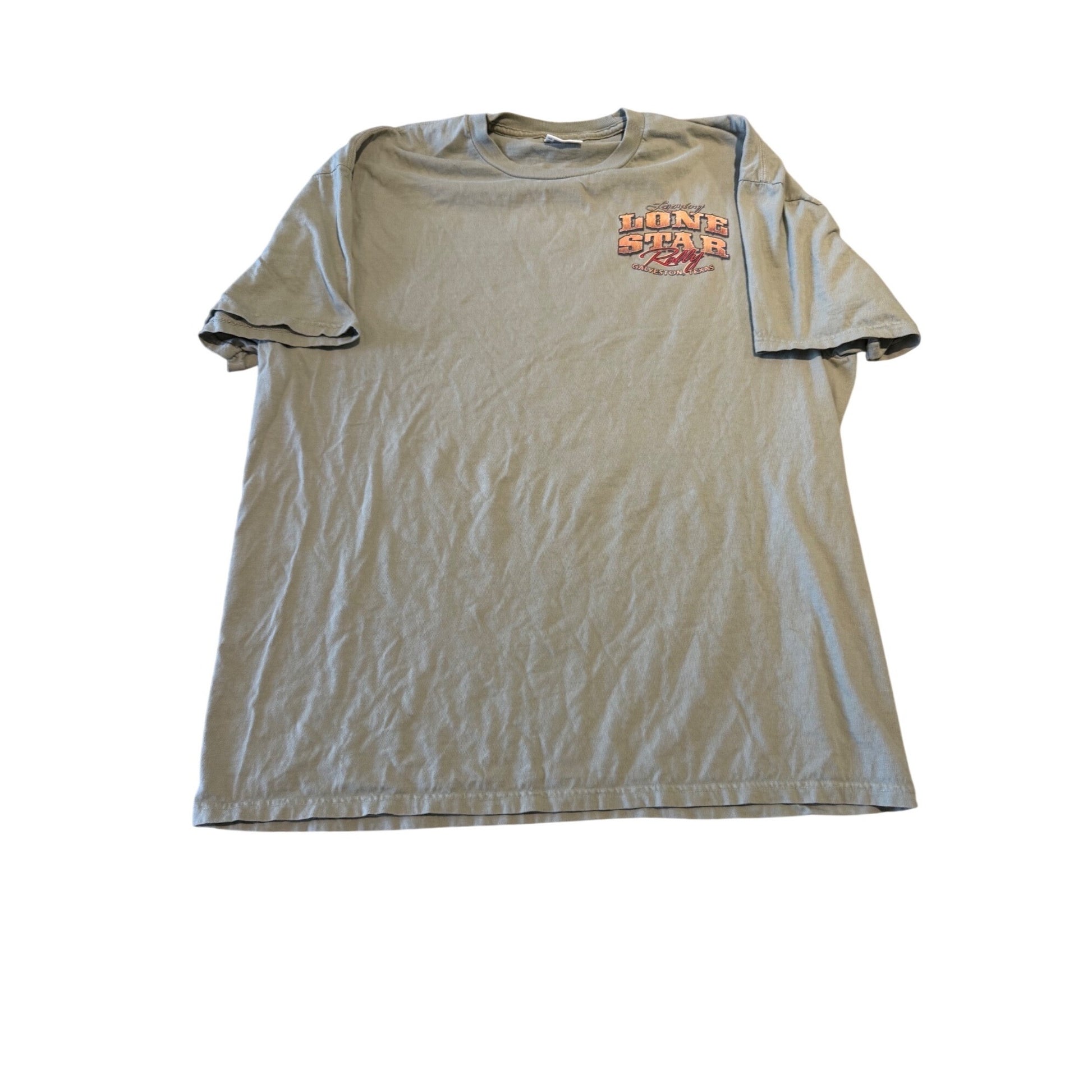 A light gray crewneck t-shirt with a small red, orange, and yellow graphic on the left chest that reads 'PIONEER STRENGTH'. The shirt is laid flat against a white background.