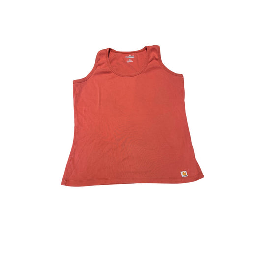 A sleeveless crew-neck tank top in a muted terracotta or burnt orange color, laid flat against a solid white background. A small yellow and red Carhartt logo patch is visible on the bottom right hem.