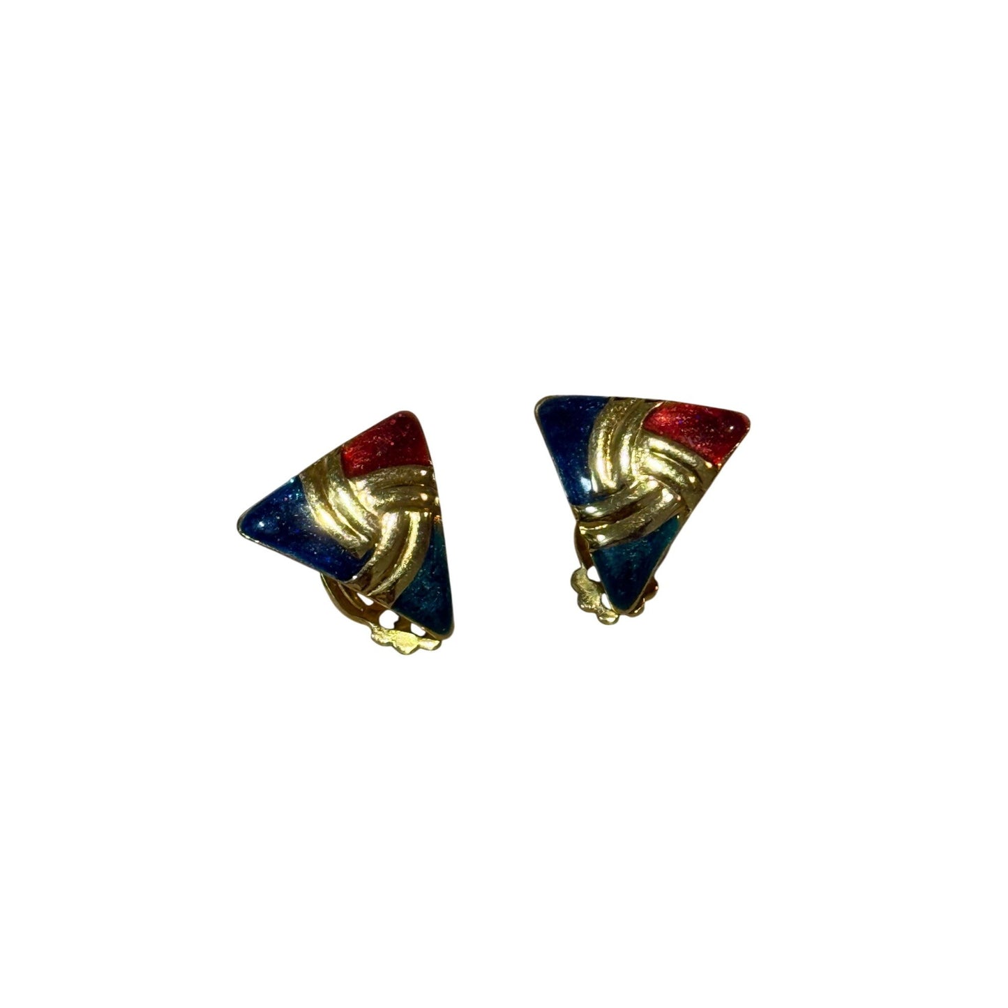 A pair of triangular stud earrings with a textured, metallic gold and red-and-blue striped design, shown on a plain white background.