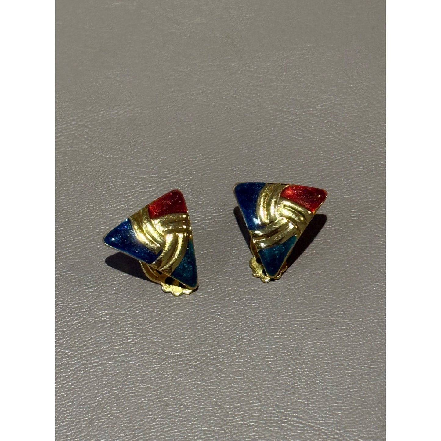 Vintage Enamel Clip On Earrings Gold Tone Triangle Blue Red Green Swirl
