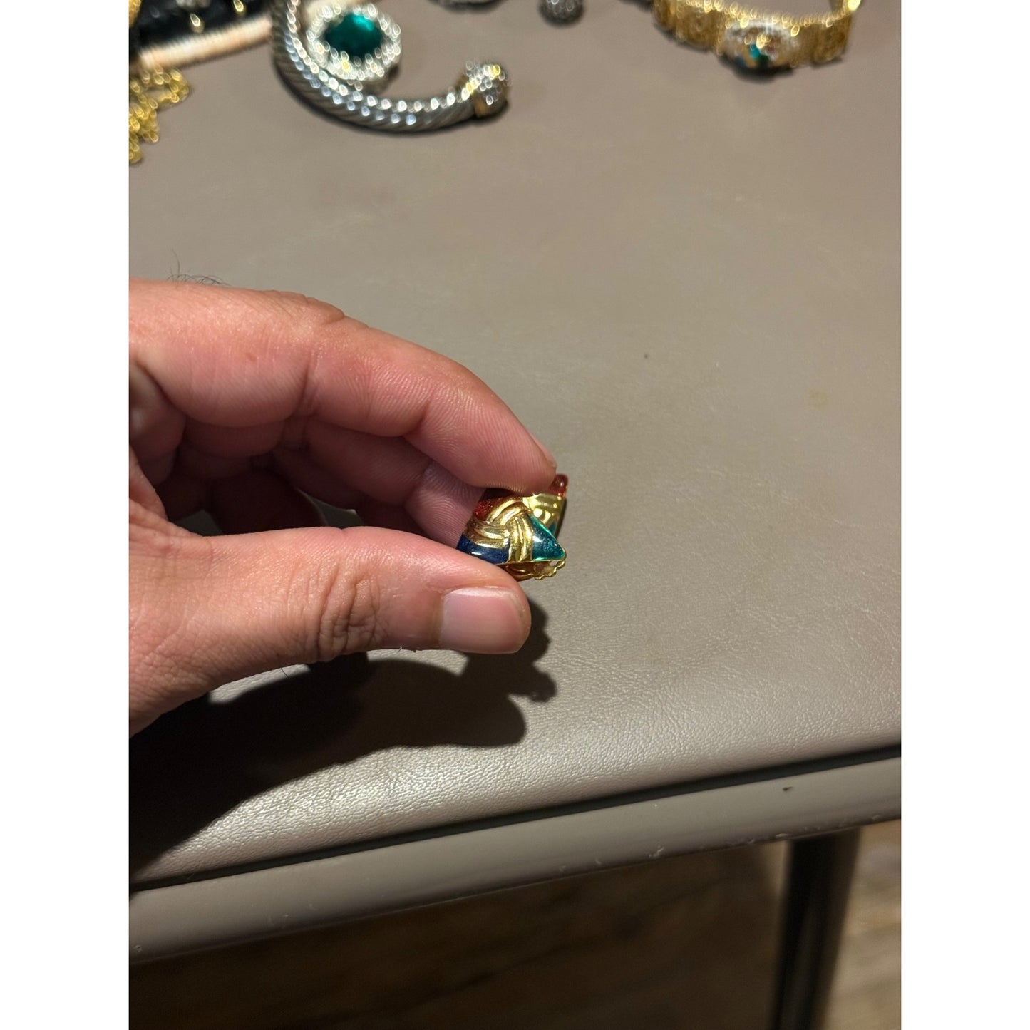 Vintage Enamel Clip On Earrings Gold Tone Triangle Blue Red Green Swirl