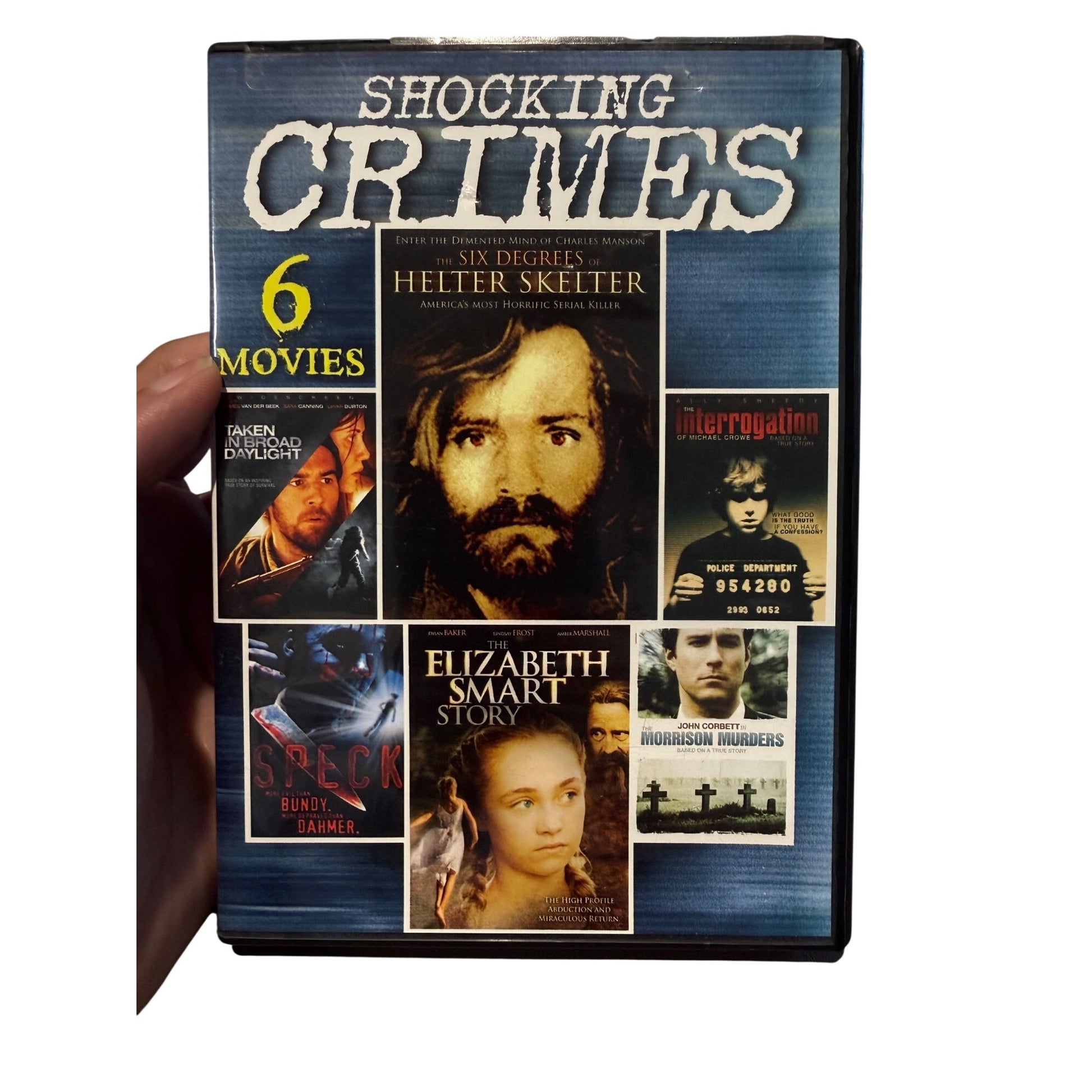 A hand holding a DVD case titled 'Shocking Crimes' featuring a collage of six horror movie covers, including 'The Scream', 'Helter Skelter', 'Night of the Living Dead', and others, on a plain white background.