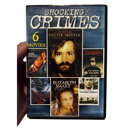 A hand holding a DVD case titled 'Shocking Crimes' featuring a collage of six horror movie covers, including 'The Scream', 'Helter Skelter', 'Night of the Living Dead', and others, on a plain white background.