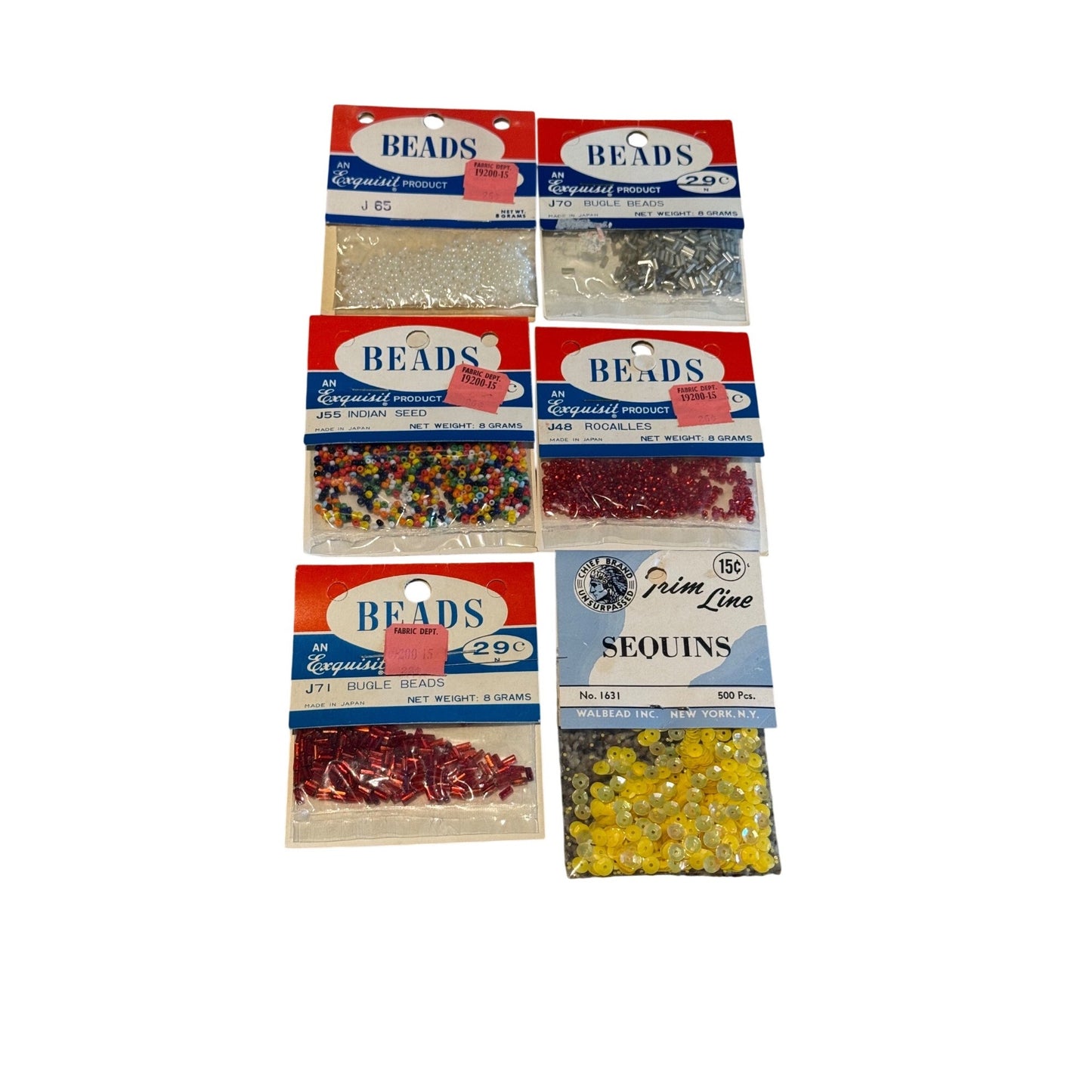 Six small packets of craft beads arranged on a plain white background. The packets include assorted clear, silver, multicolor, red, and yellow beads, with visible brands including BEADS and Prim Line.