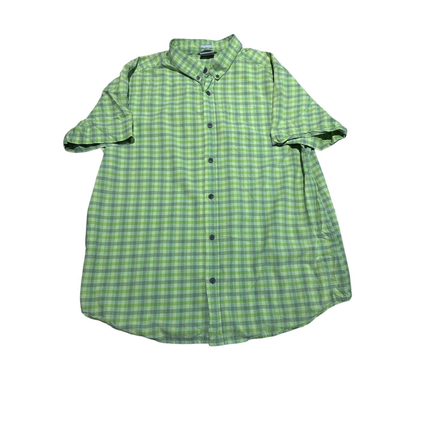 A green and white checkered short-sleeve button-up shirt laid flat on a white background.