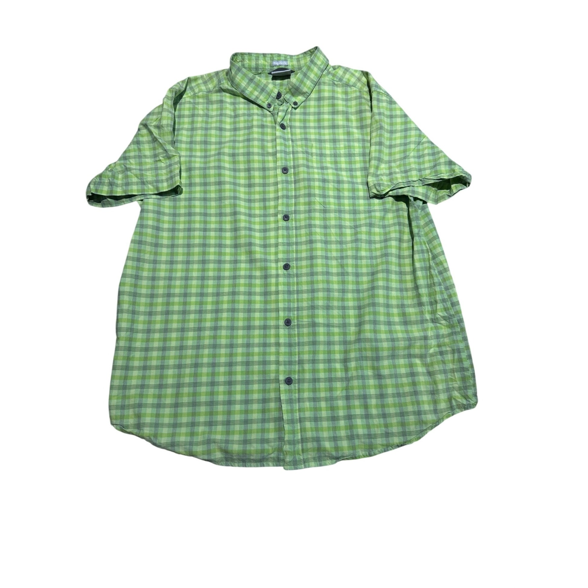 A green and white checkered short-sleeve button-up shirt laid flat on a white background.