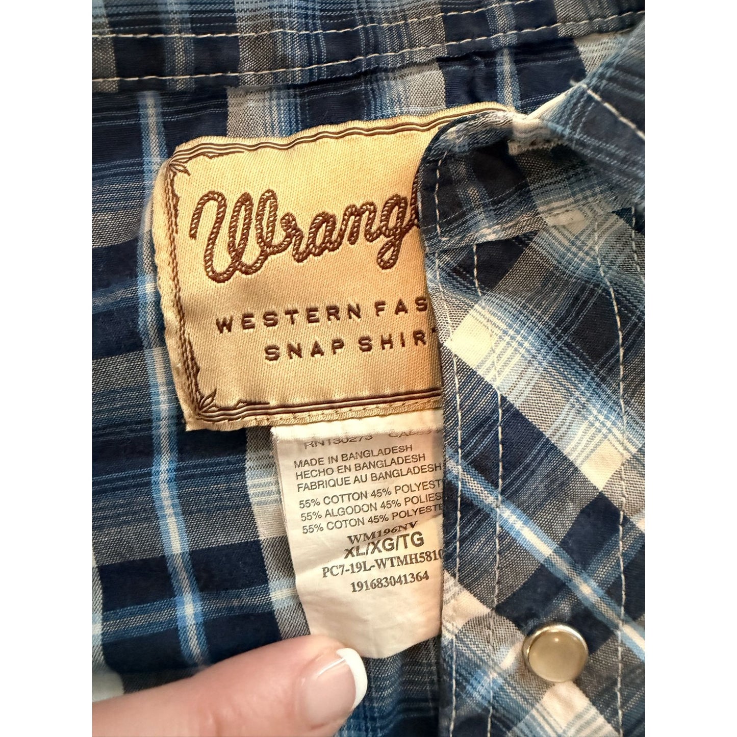 Wrangler Western Snap Shirt Men's XL Blue Plaid Short Sleeve Pearl Snap