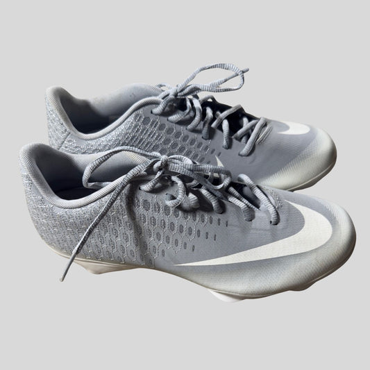 Gray athletic shoes with a Nike logo on a light gray background