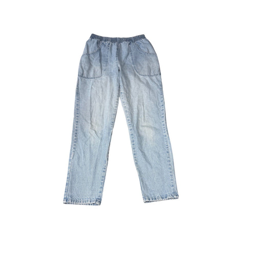Light wash blue denim jeans with a relaxed straight-leg fit, featuring large patch pockets on the front and a drawstring waistband, shown flat on a white background.