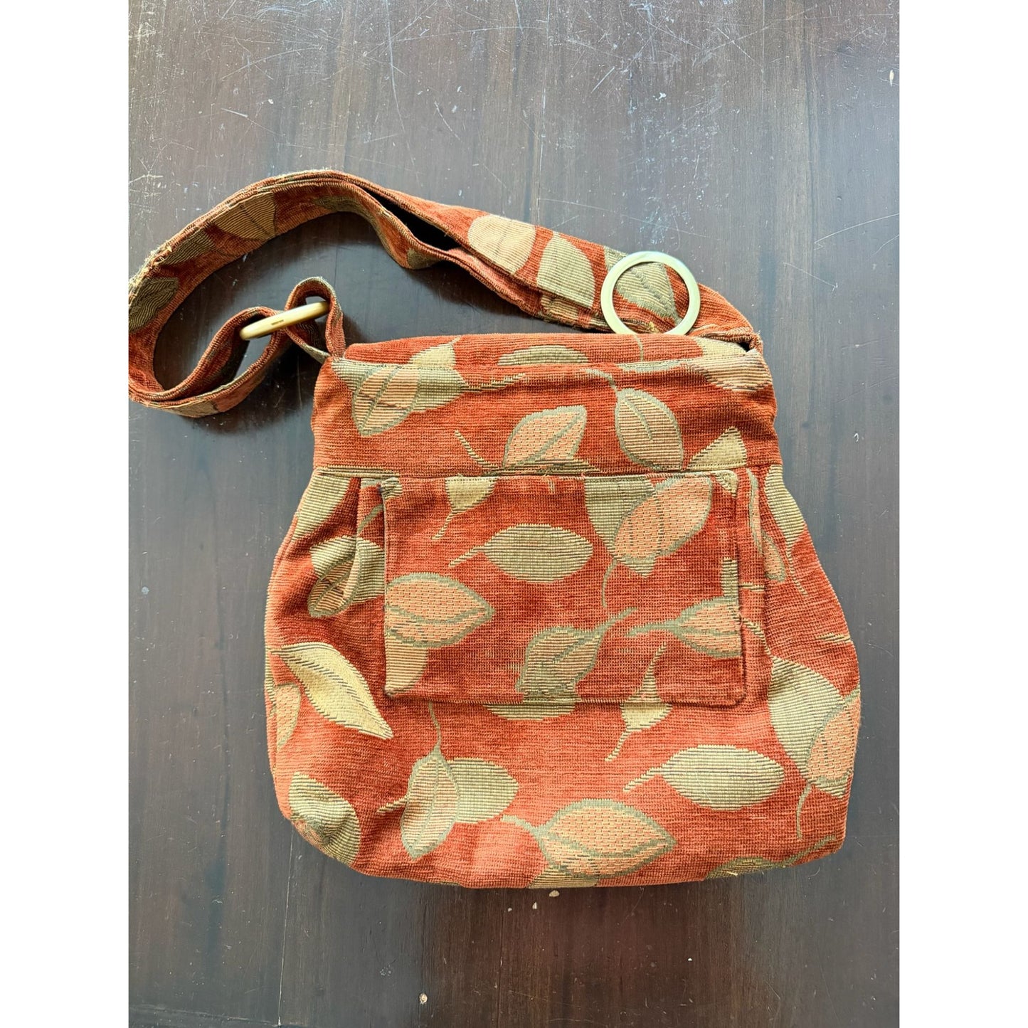Vintage Tapestry Crossbody Bag Rust Orange Leaf Print Boho Slouchy Hobo Purse