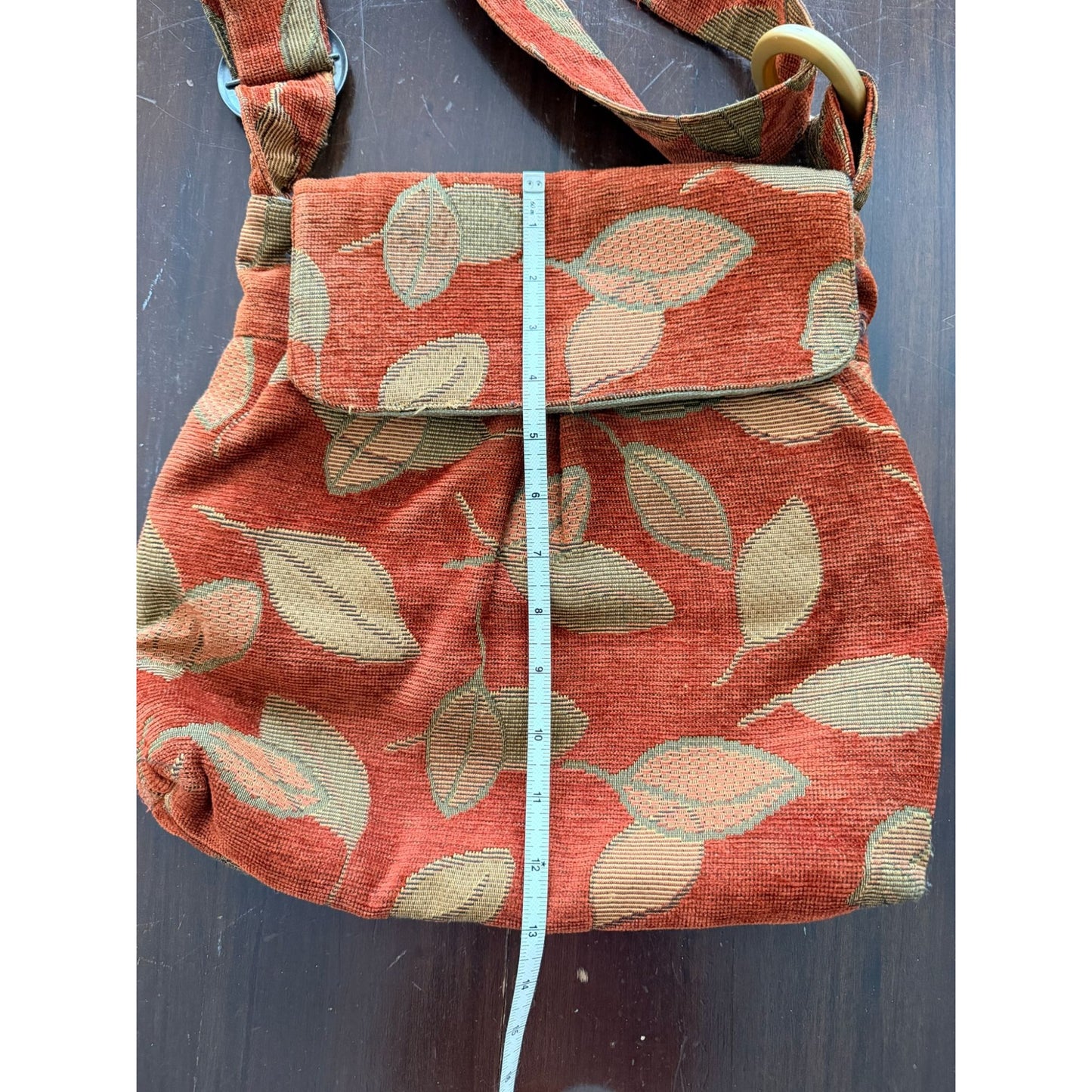 Vintage Tapestry Crossbody Bag Rust Orange Leaf Print Boho Slouchy Hobo Purse