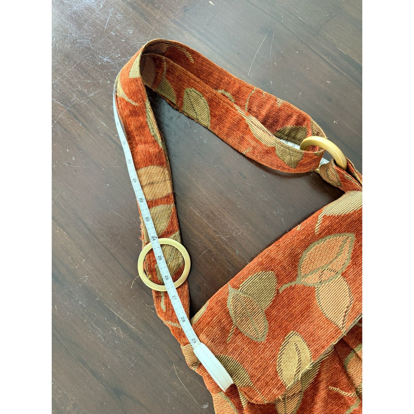 Vintage Tapestry Crossbody Bag Rust Orange Leaf Print Boho Slouchy Hobo Purse