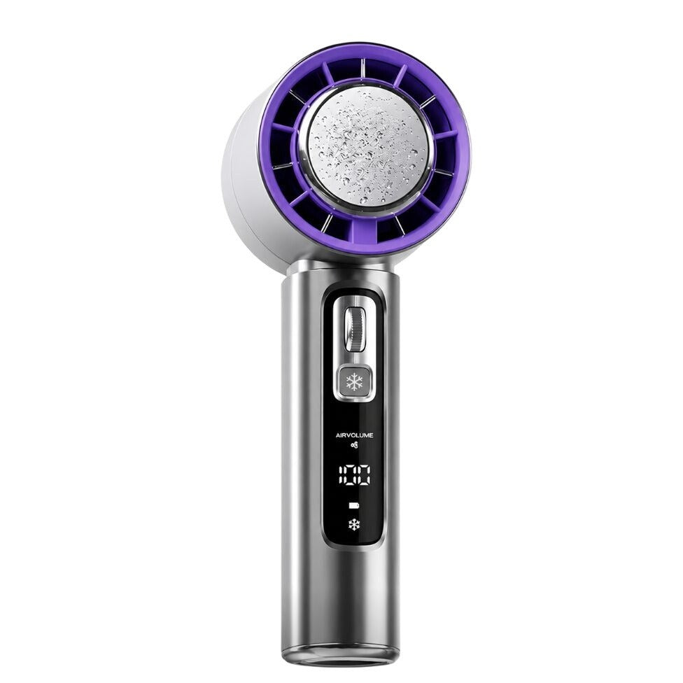 A handheld portable hair dryer with a metallic silver body, a purple and white circular fan head, and a digital display on the front.