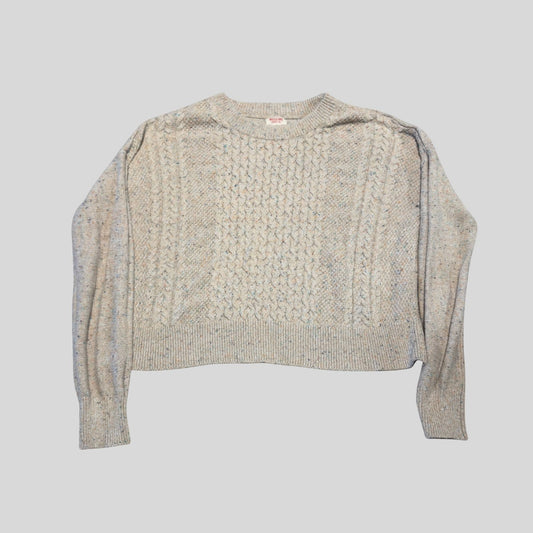 A cropped, long-sleeve knit sweater with a textured cable and braid pattern in a light oatmeal-beige color, laid flat against a solid gray background.