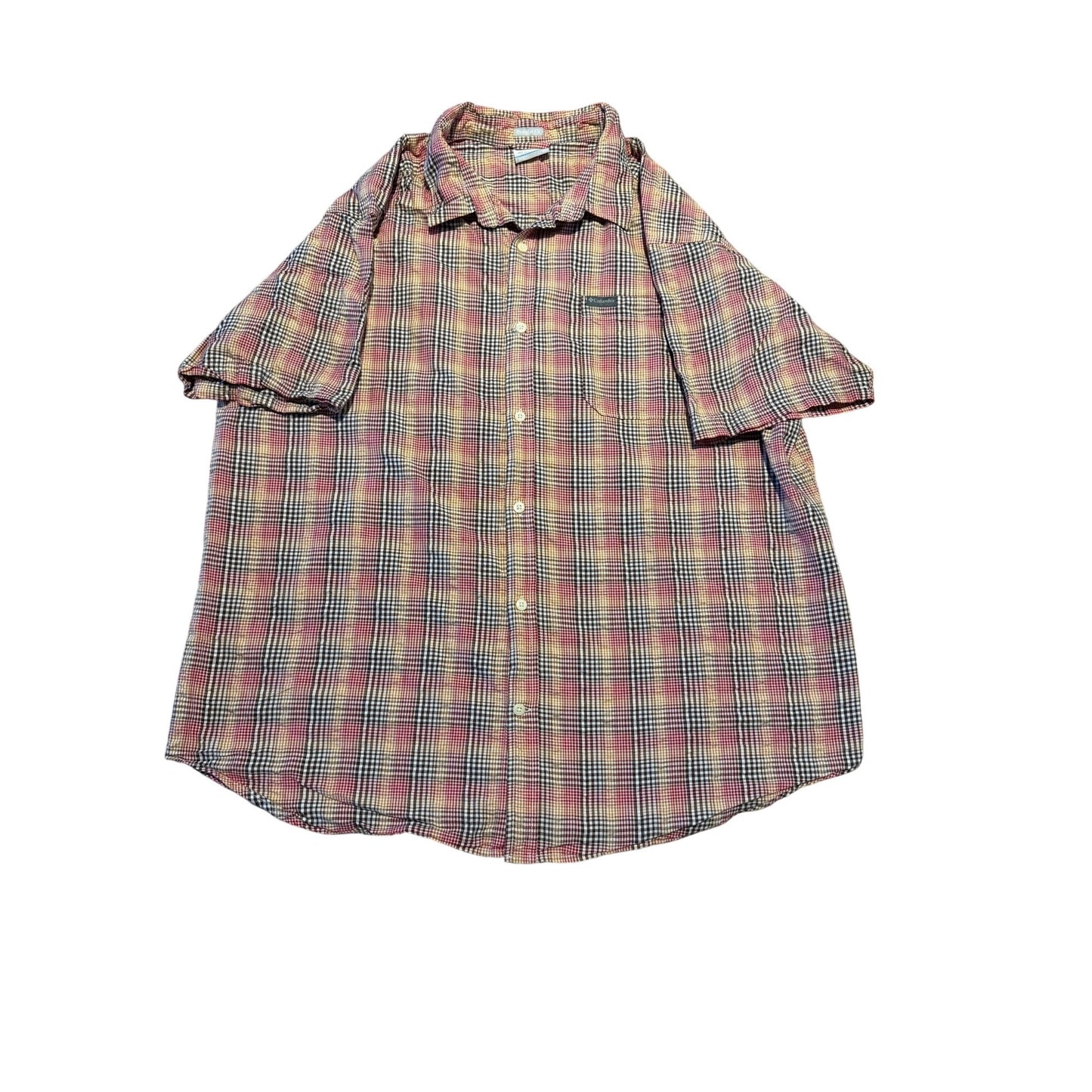 A short-sleeve button-up plaid shirt in a muted red, green, and beige tartan pattern, laid flat against a white background.
