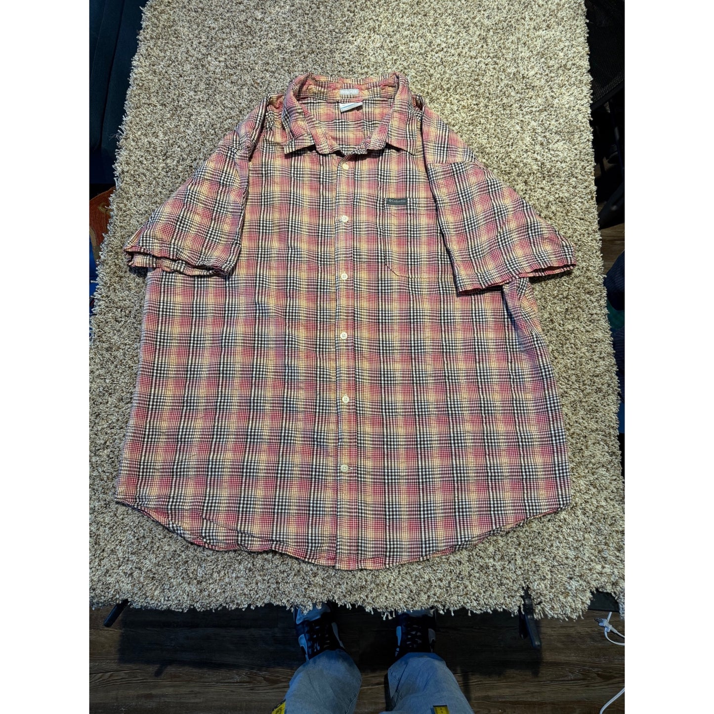 Columbia Red Multicolor Check Button Shirt Men's XL Regular Fit Short Sleeve