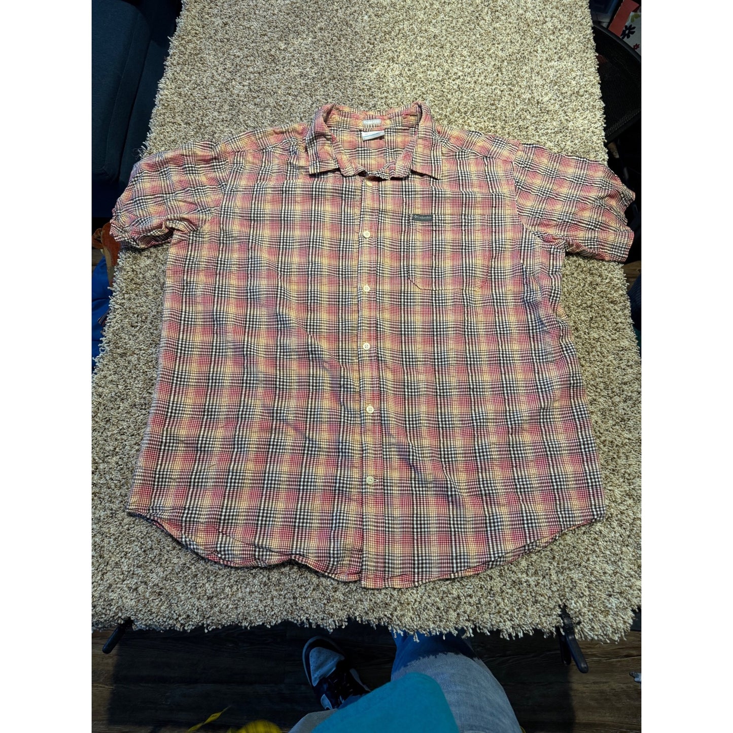 Columbia Red Multicolor Check Button Shirt Men's XL Regular Fit Short Sleeve