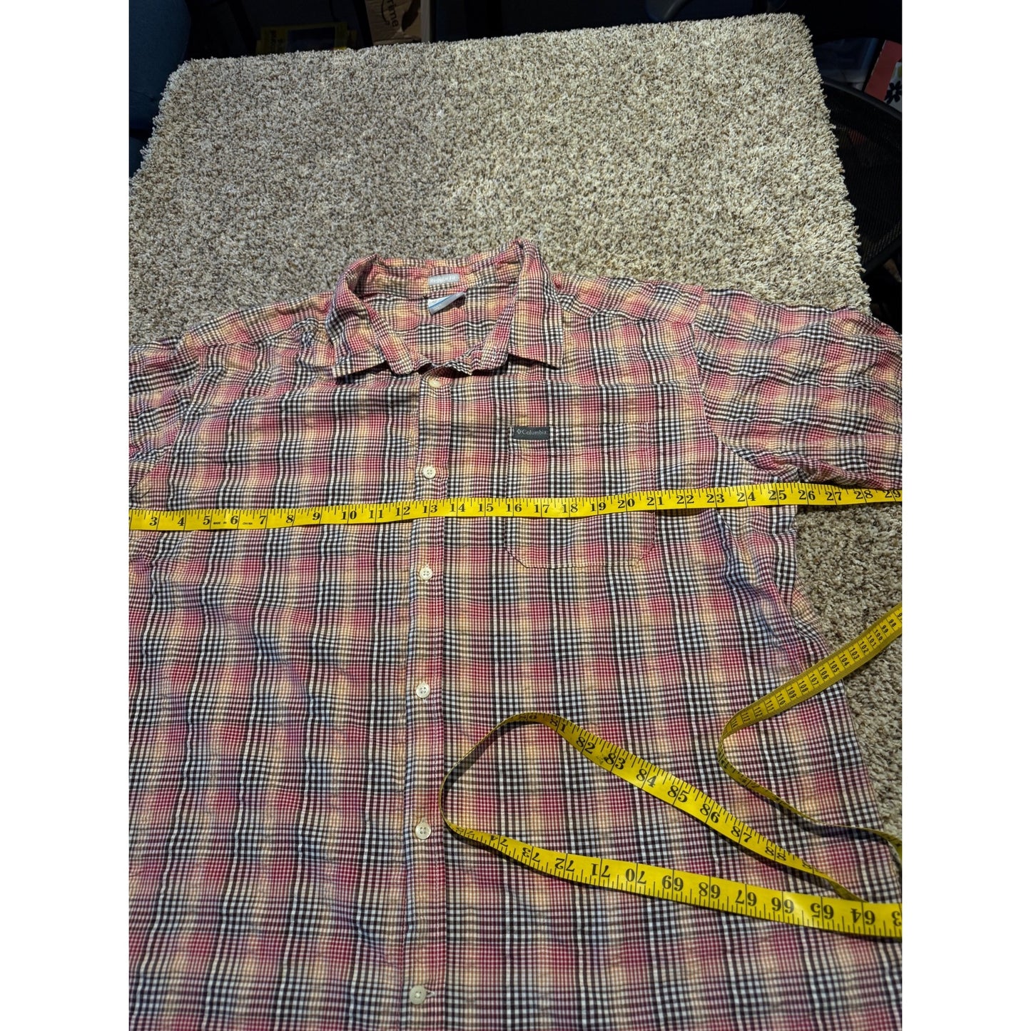 Columbia Red Multicolor Check Button Shirt Men's XL Regular Fit Short Sleeve
