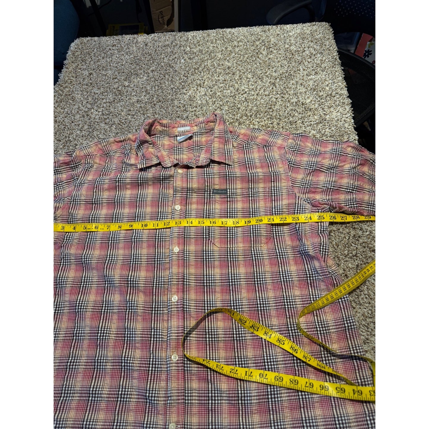 Columbia Red Multicolor Check Button Shirt Men's XL Regular Fit Short Sleeve