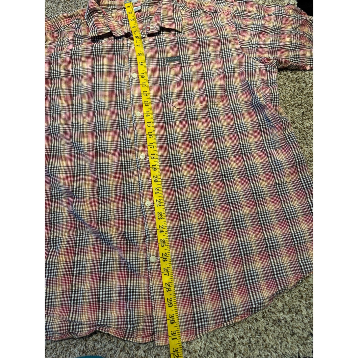 Columbia Red Multicolor Check Button Shirt Men's XL Regular Fit Short Sleeve
